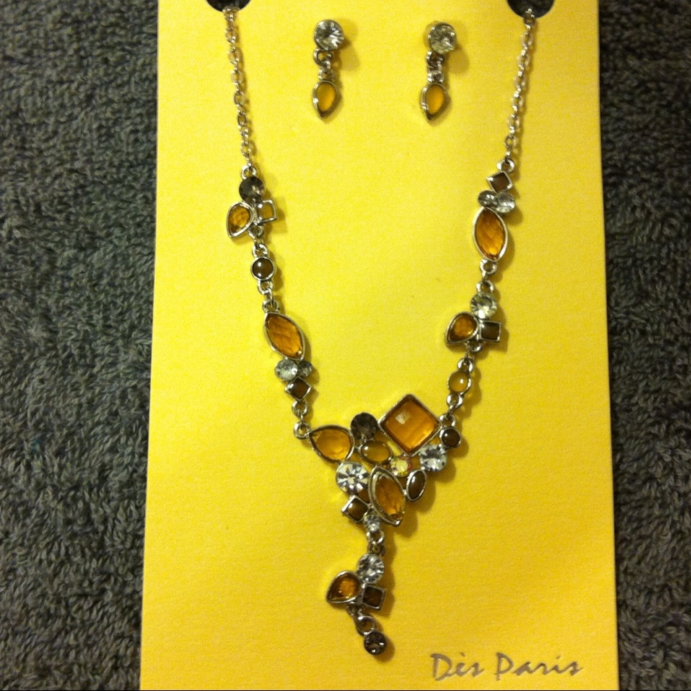 New! Amber,Brown,Clear & Silver Necklace/ Earring